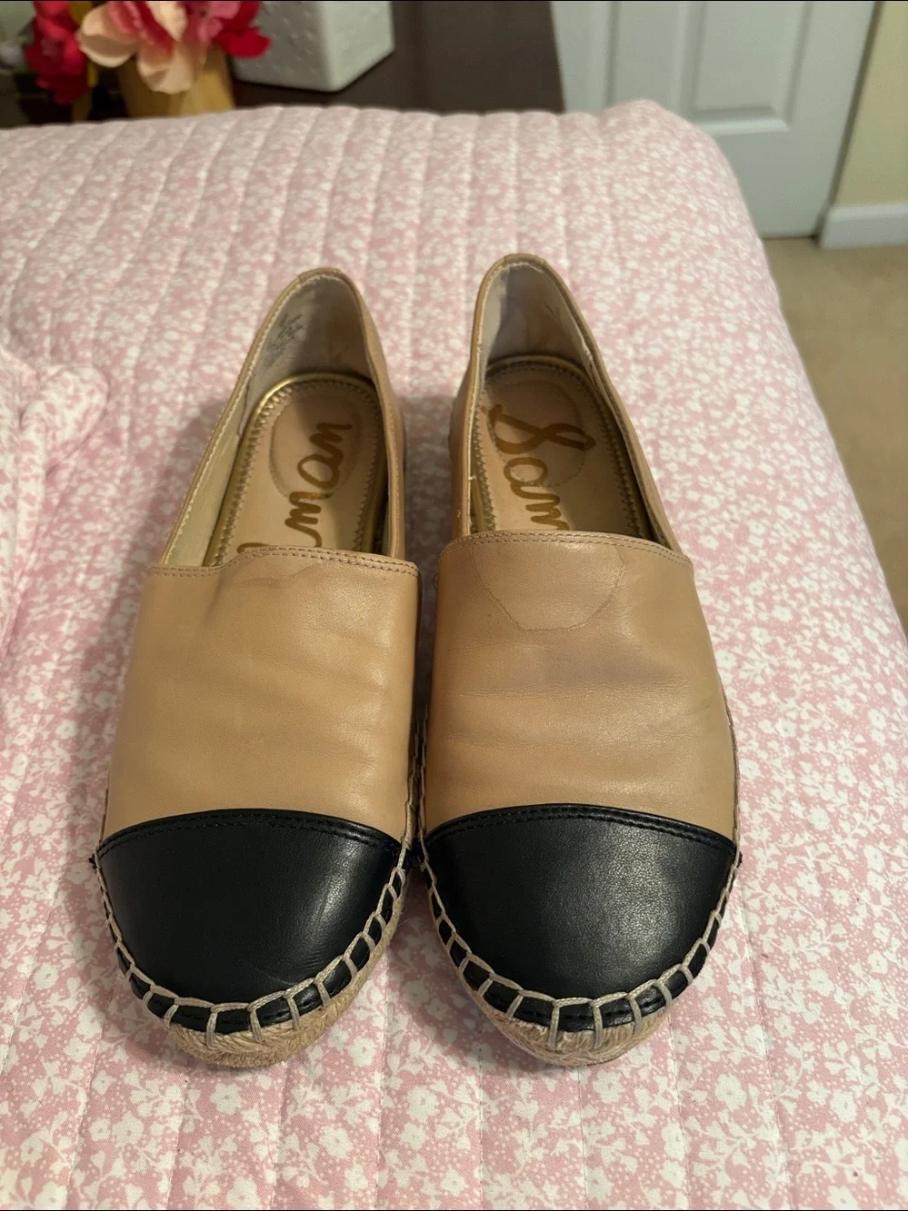 Sam Edelman Tan and Black Leather Espadrille Slip-Ons